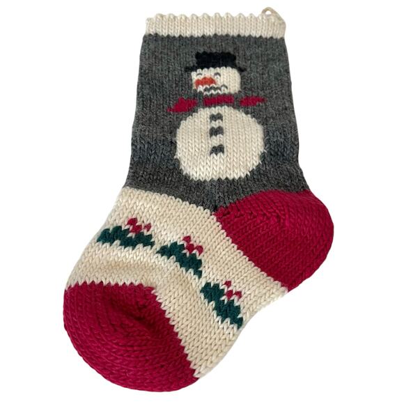 Hand Knit Christmas Stocking Wool Handmade Snowman Mistletoe 16” Red Gray Ivory - Picture 2 of 7